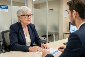 Femme de 62 ans en entretien à Pôle emploi consultant un document sur les obligations de recherche d'emploi après 60 ans