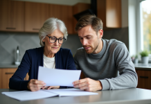 Femme senior en cardigan bleu lisant des documents à la cuisine