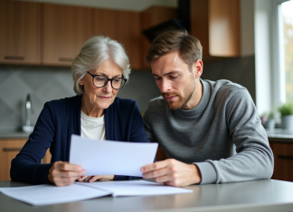 Différence tutelle et habilitation familiale : tout comprendre facilement ! Femme senior en cardigan bleu lisant des documents à la cuisine