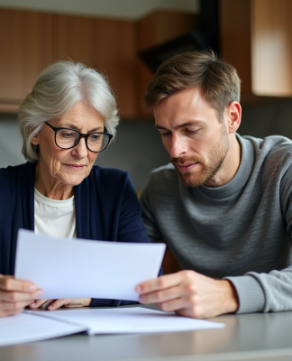 Femme senior en cardigan bleu lisant des documents à la cuisine