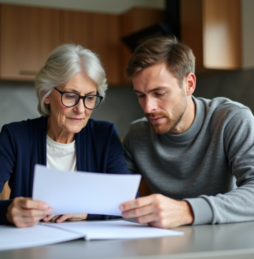 Femme senior en cardigan bleu lisant des documents à la cuisine