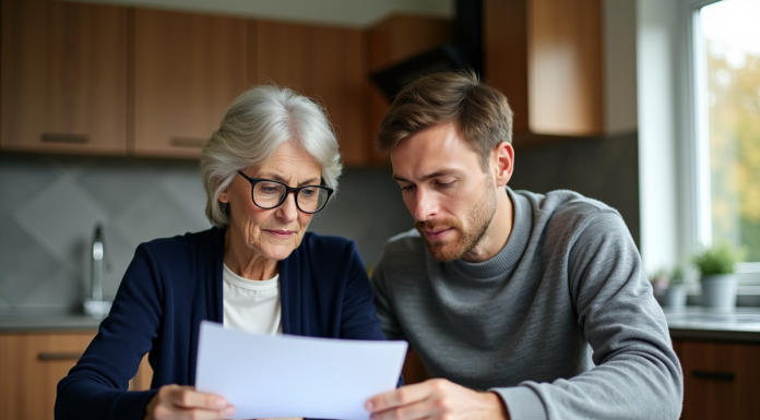 Femme senior en cardigan bleu lisant des documents à la cuisine