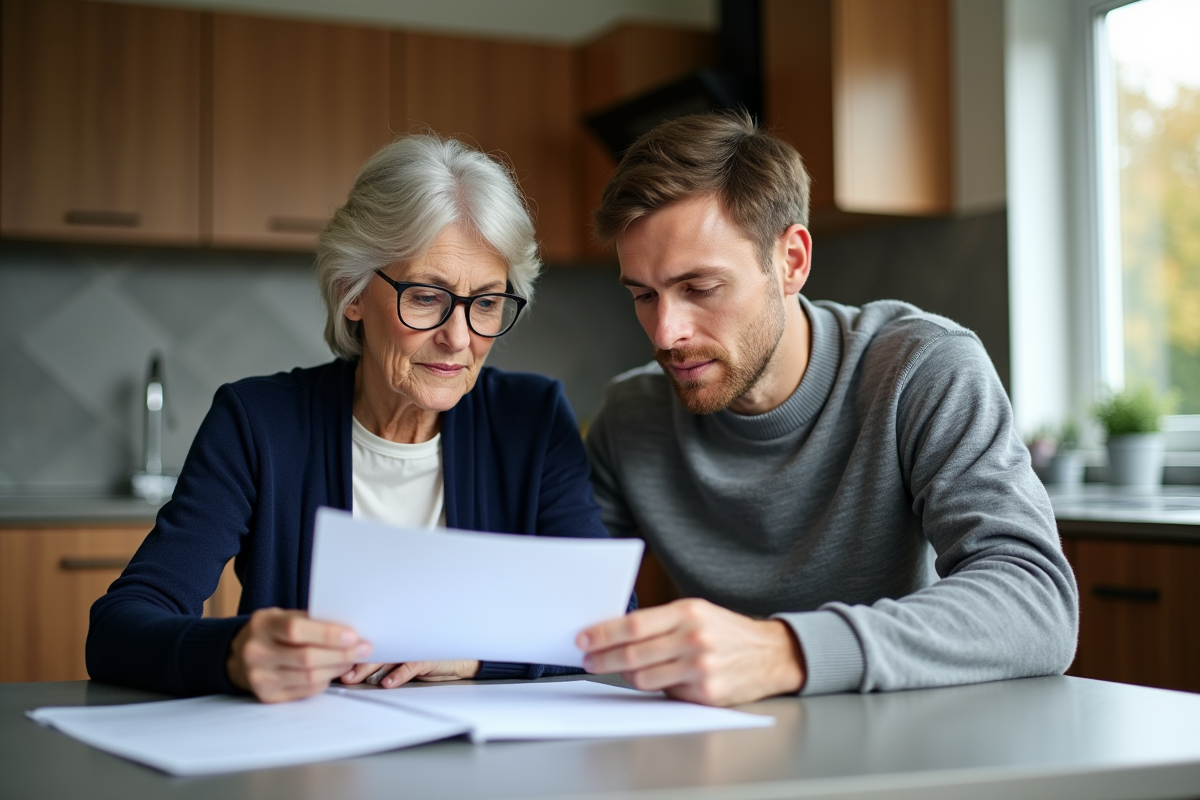 Femme senior en cardigan bleu lisant des documents à la cuisine