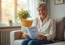 Femme senior souriante avec un livret sur l'incontinence