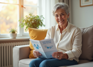Femme senior souriante avec un livret sur l'incontinence