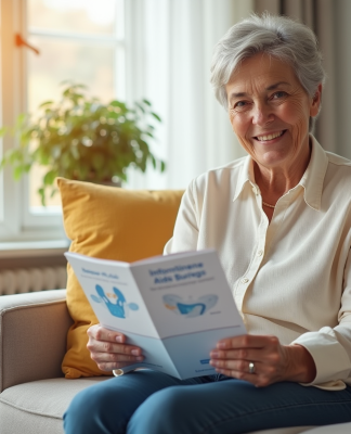 Femme senior souriante avec un livret sur l'incontinence