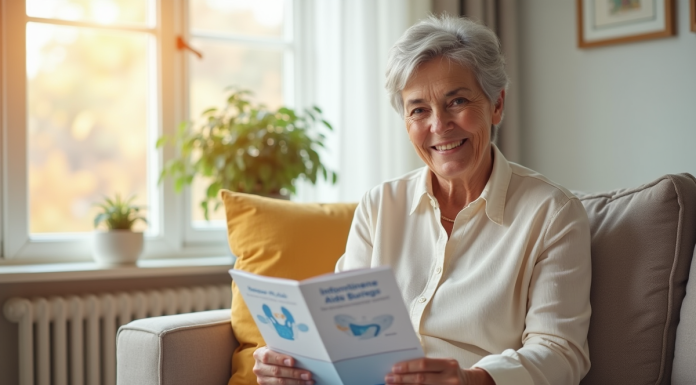 Femme senior souriante avec un livret sur l'incontinence