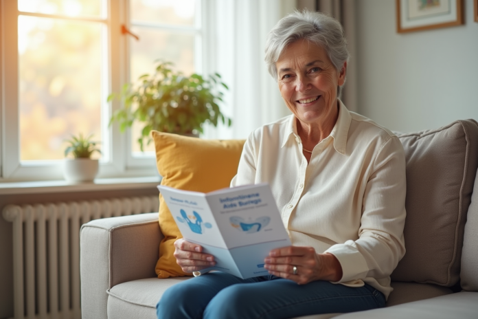 femme-senior-livre-incontinence Femme senior souriante avec un livret sur l'incontinence