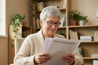 Femme senior lisant des documents de santé dans un salon chaleureux