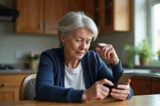 Femme senior consultant les paramètres de confidentialité de l'application Disons Demain sur son smartphone