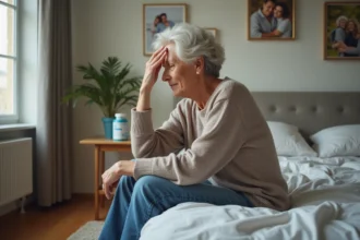 Femme senior assise sur le lit dans une chambre chaleureuse