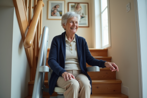 Femme âgée souriante sur un monte-escalier moderne