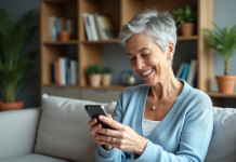 Smartphones faciles à utiliser : quel est le modèle le plus performant ? Femme senior souriante utilisant un smartphone dans un salon cosy