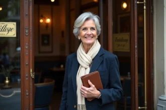 Femme senior élégante à l'entrée d'une brasserie parisienne art déco, prête pour une sortie culturelle avec Quintonic Paris