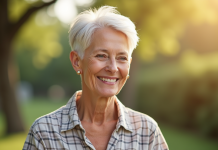 Femme senior souriante en plein air avec coupe courte
