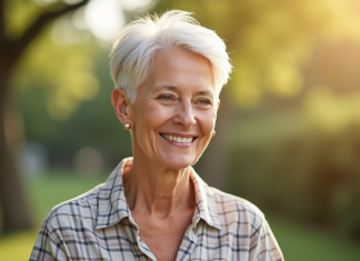 Femme senior souriante en plein air avec coupe courte