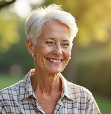 Femme senior souriante en plein air avec coupe courte