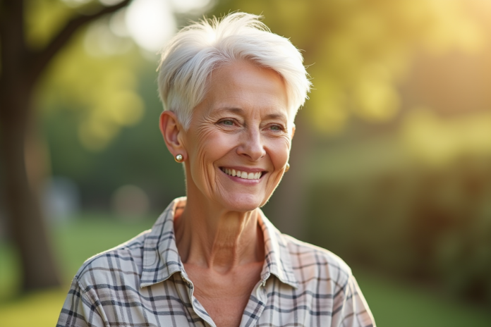 Femme senior souriante en plein air avec coupe courte