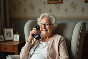 Femme senior souriante au téléphone dans son salon chaleureux