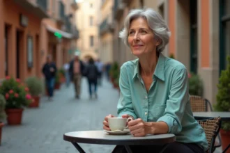 Femme d'une cinquantaine d'années assise seule en terrasse à Lyon, tenant une tasse de café, regard tourné vers la rue dans une atmosphère de recueillement calme