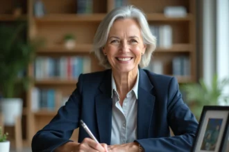 Femme souriante en fin de carrière signant une lettre de départ à la retraite à son bureau de bureau