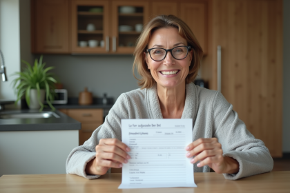 Femme souriante tenant une prescription pour un lit ajustable