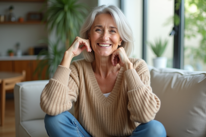 Femme d'âge moyen souriante dans un salon lumineux