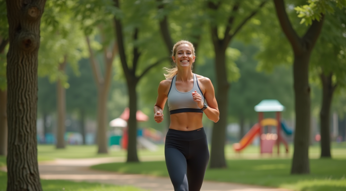 Femme sportive marchant dans un parc ensoleille