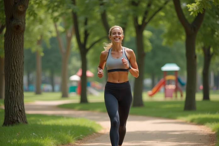 femme-sportive-parc Femme sportive marchant dans un parc ensoleille