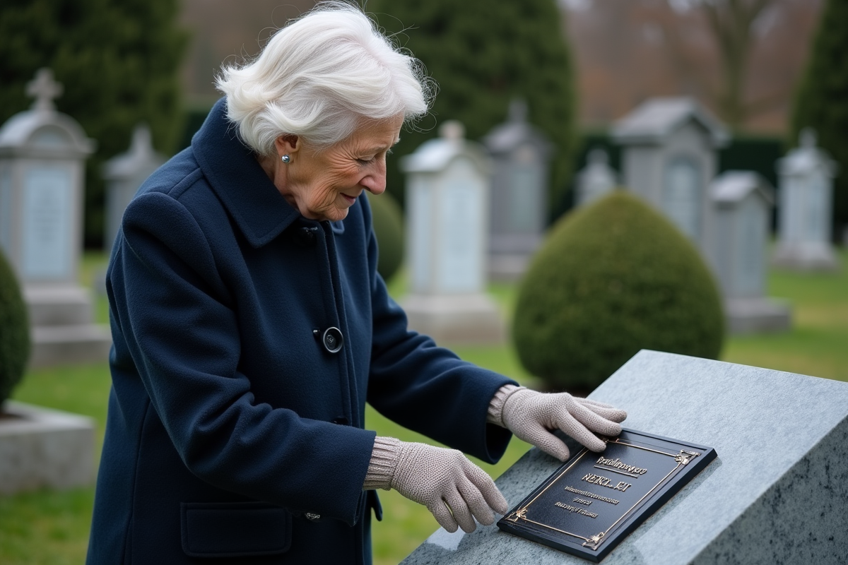 Femme supervise la pose d une plaque dans un cimetière