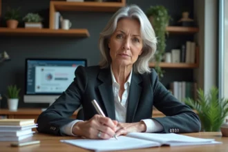 Femme d'âge moyen remplissant des papiers dans un bureau à domicile
