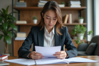 Femme en bureau triant des documents officiels