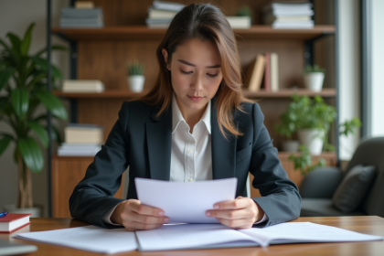 Femme en bureau triant des documents officiels