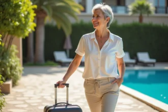 Femme souriante en voyage solo près de la piscine