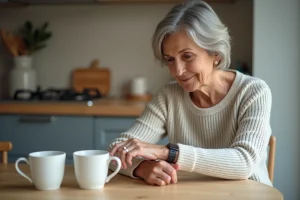 Femme d'âge moyen vérifiant sa montre de sécurité à la maison