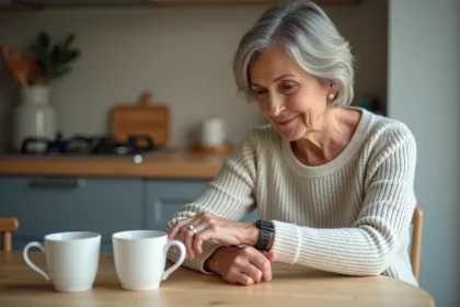 Femme d'âge moyen vérifiant sa montre de sécurité à la maison