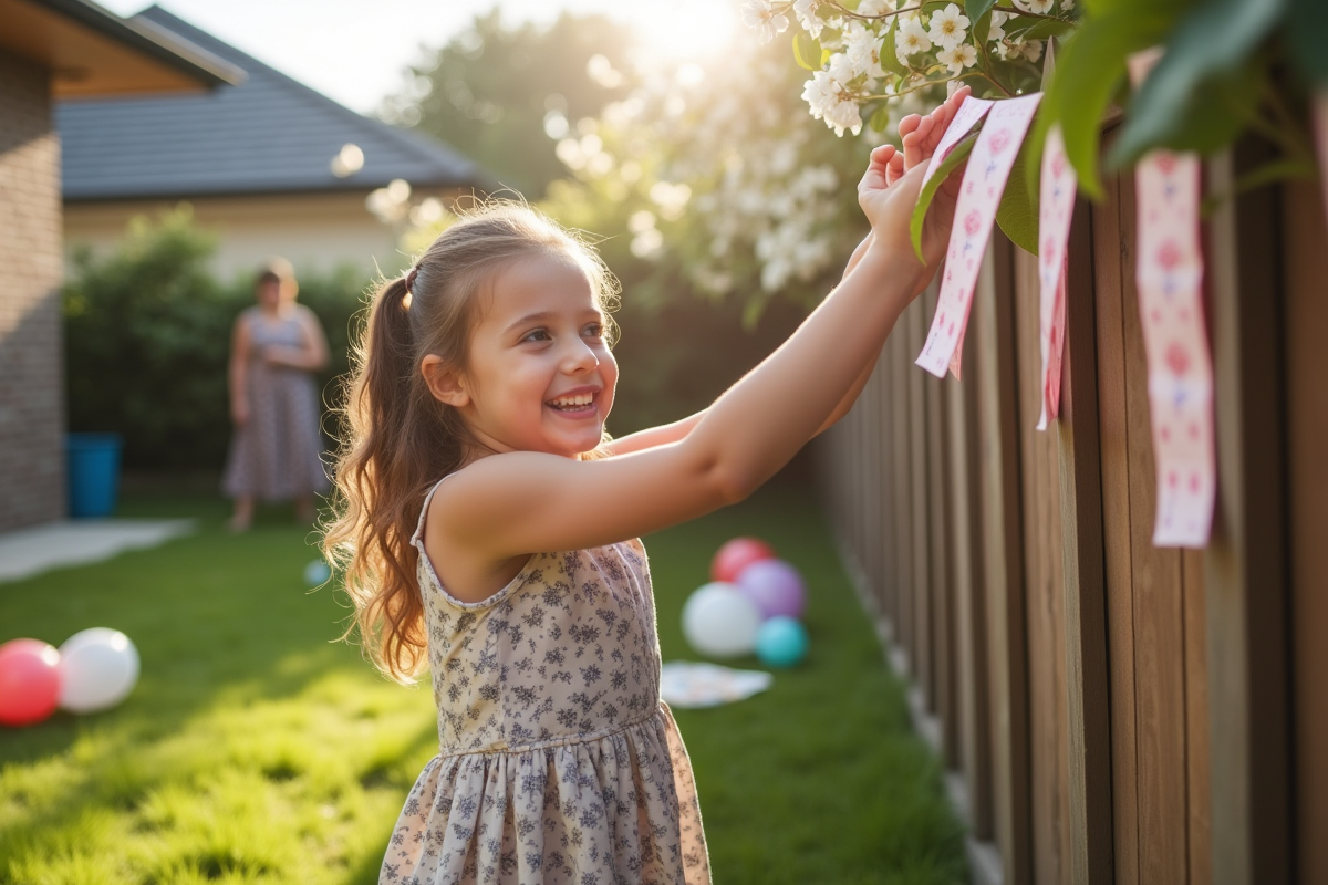Jeune fille accrochant une guirlande en extérieur dans le jardin
