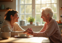 Fille adulte et mère âgée souriantes à la cuisine