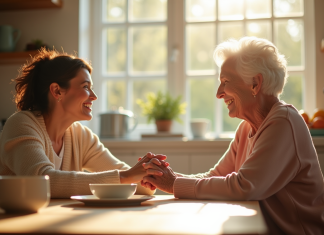 Fille adulte et mère âgée souriantes à la cuisine