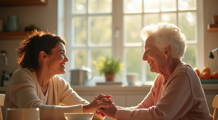 Fille adulte et mère âgée souriantes à la cuisine