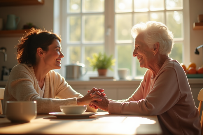 fille-mere-souriante-cuisine Fille adulte et mère âgée souriantes à la cuisine