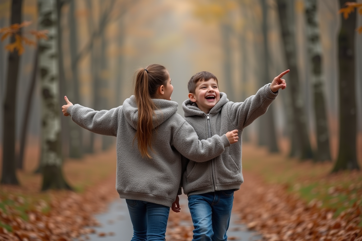 Freres et soeurs marchant en forêt en automne