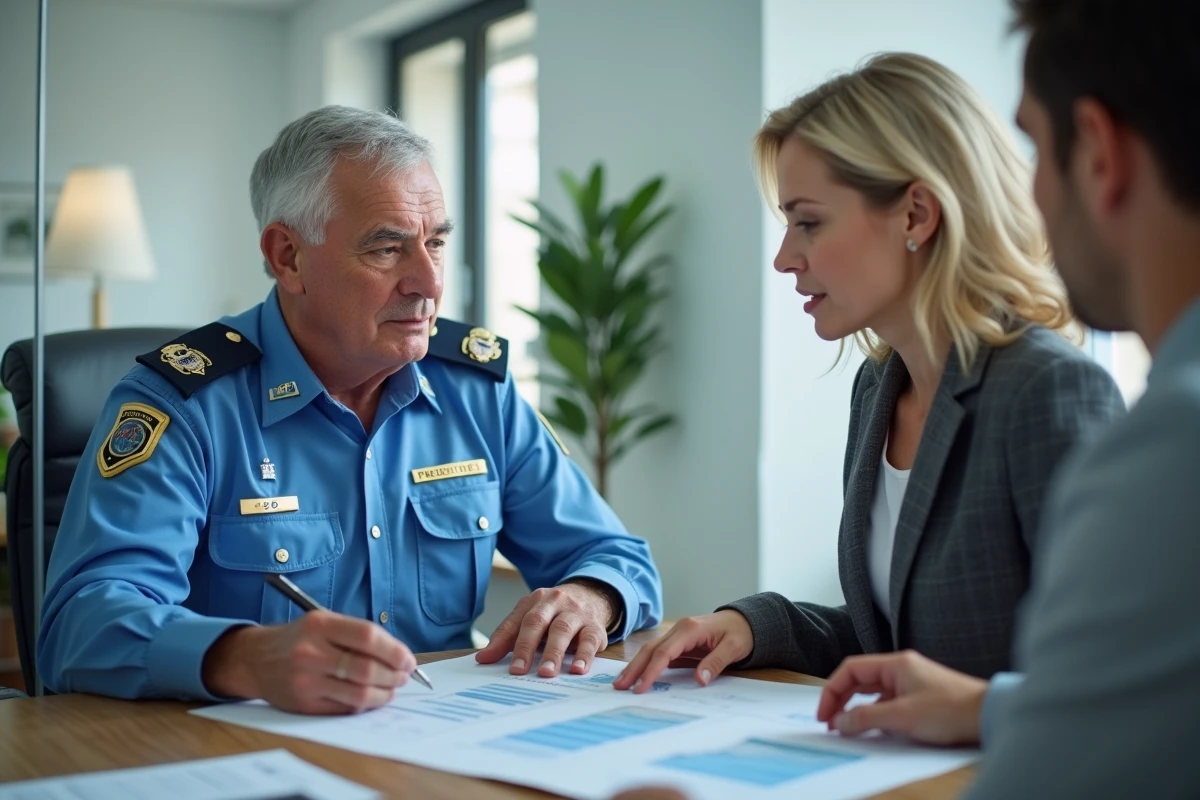 Gendarme en fin de carrière rencontrant un conseiller financier pour préparer sa retraite et anticiper la baisse de revenus