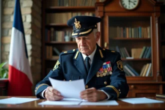 Gendarme en fin de carrière consultant des documents de retraite dans un bureau administratif officiel