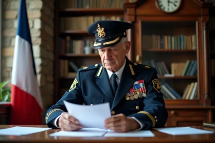 Gendarme en fin de carrière consultant des documents de retraite dans un bureau administratif officiel