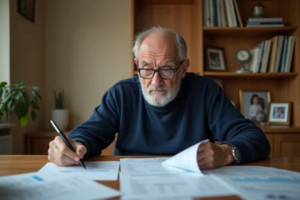 Gendarme à la retraite qui examine ses documents de pension à la maison, préparant la baisse de revenus