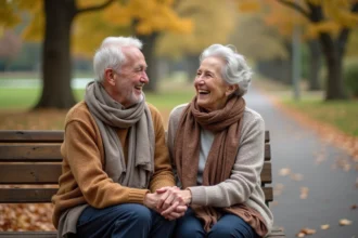 Un couple de seniors souriant ensemble dans un parc