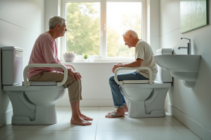 Réhausseur de toilette sur une cuvette pour améliorer l'autonomie dans la salle de bain