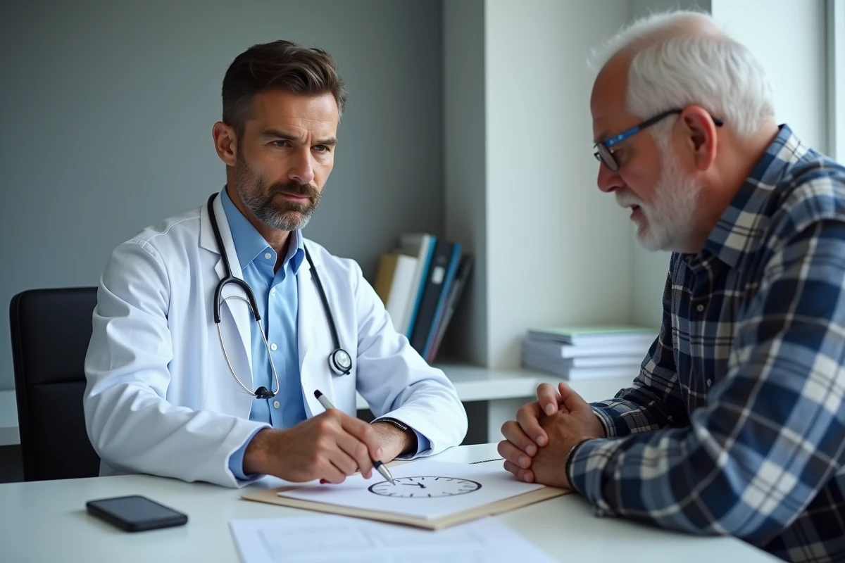 Un gériatre en EHPAD analyse avec un patient âgé les résultats du test de l'horloge lors d'une consultation cognitive