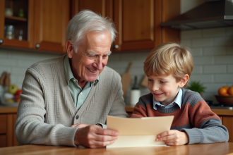 Grand-pere souriant avec petit-enfant partageant une carte